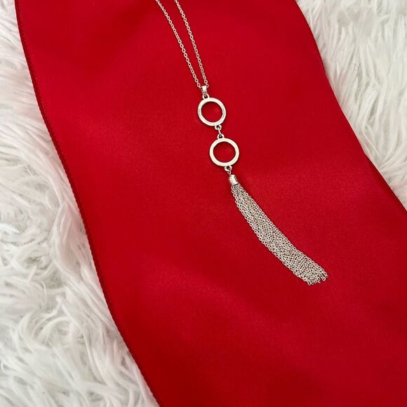 Silver long chain necklace 24” circle hoops rhinestones  tassel NEW - Picture 5 of 8